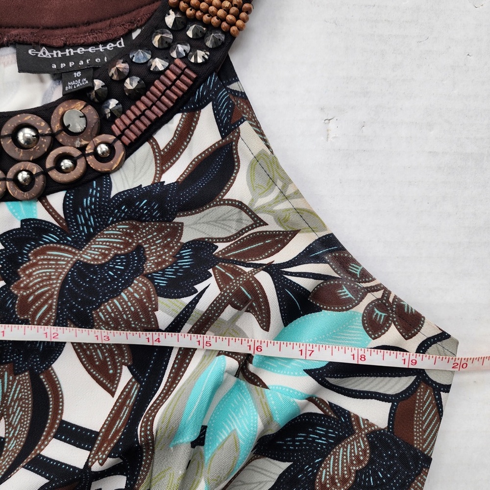 Wood Beads Studded Halter Sleeves Brown Floral Print Knee Length Sheath Dress - Picture 8 of 12